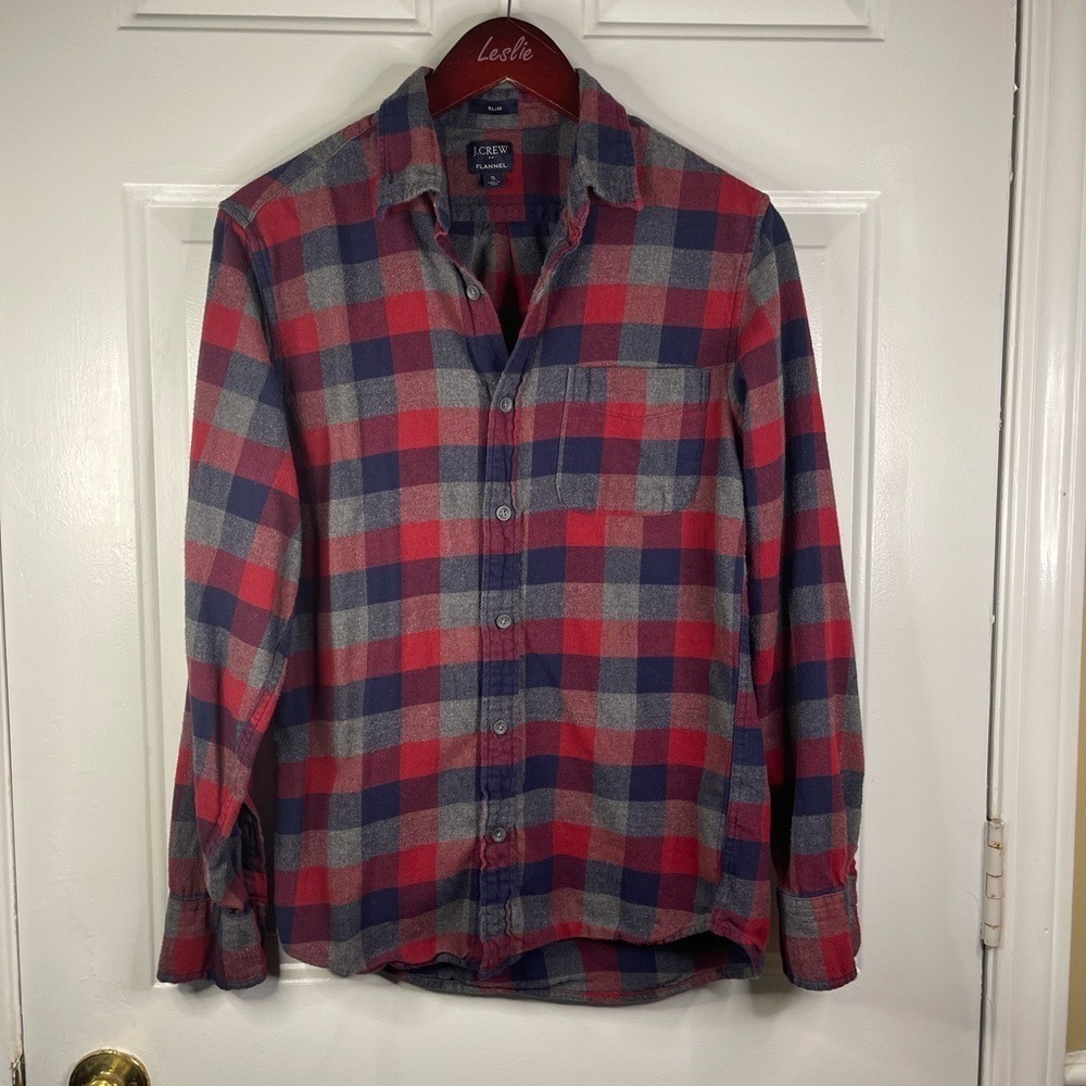 J.Crew Flannel Shirt mens Small Slim Fit Red Navy Blue Grey Plaid Button Down